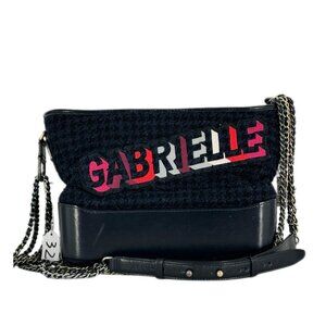 Chanel Tweed Calfskin Quilted Medium Gabrielle Hobo Black Blue